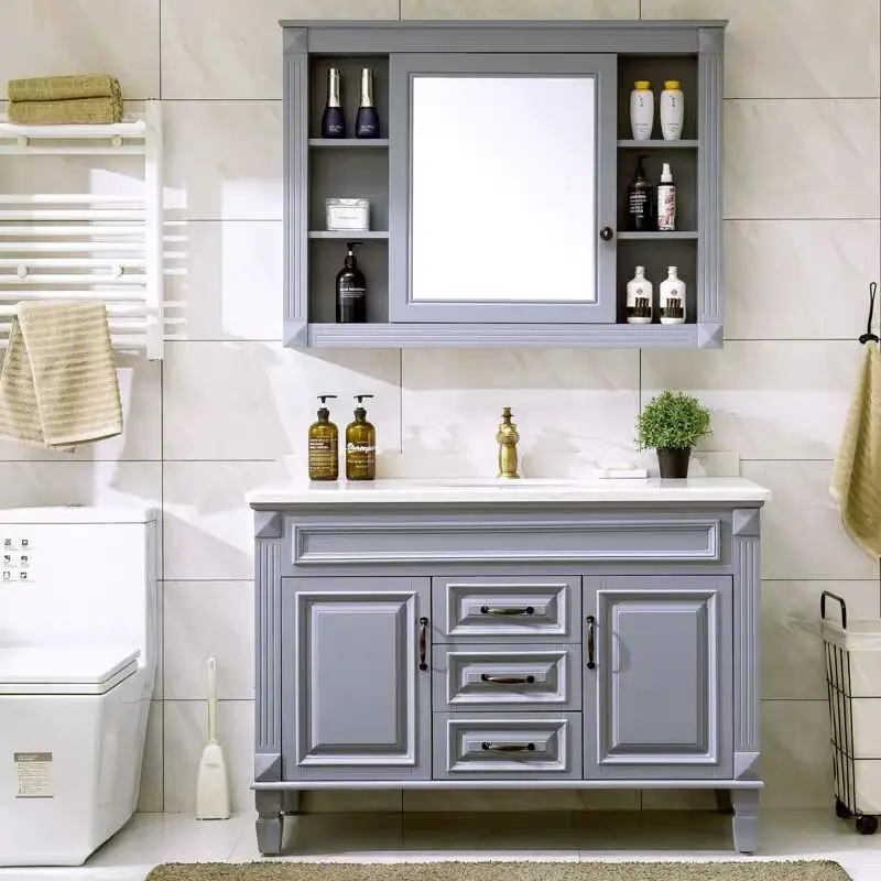 American solid wood bathroom vanity combination Mediterranean oak floor-mounted marble wash basin sink cabinet bathroom cabinet