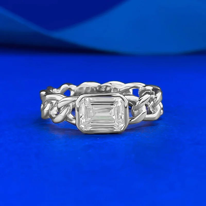 S925 Silver White Gold 5*7 Rectangular Lab Diamond Cuban Ring Live Cross-Border Chain Trendy Weddings Engagements