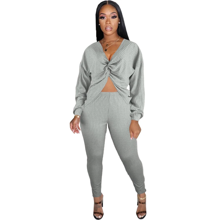 New Sexy Fashion Casual V Neck Solid Color Top And Pants Sexy 2 Pcs Track Suit Outfits Two Piece Set Women Clothing