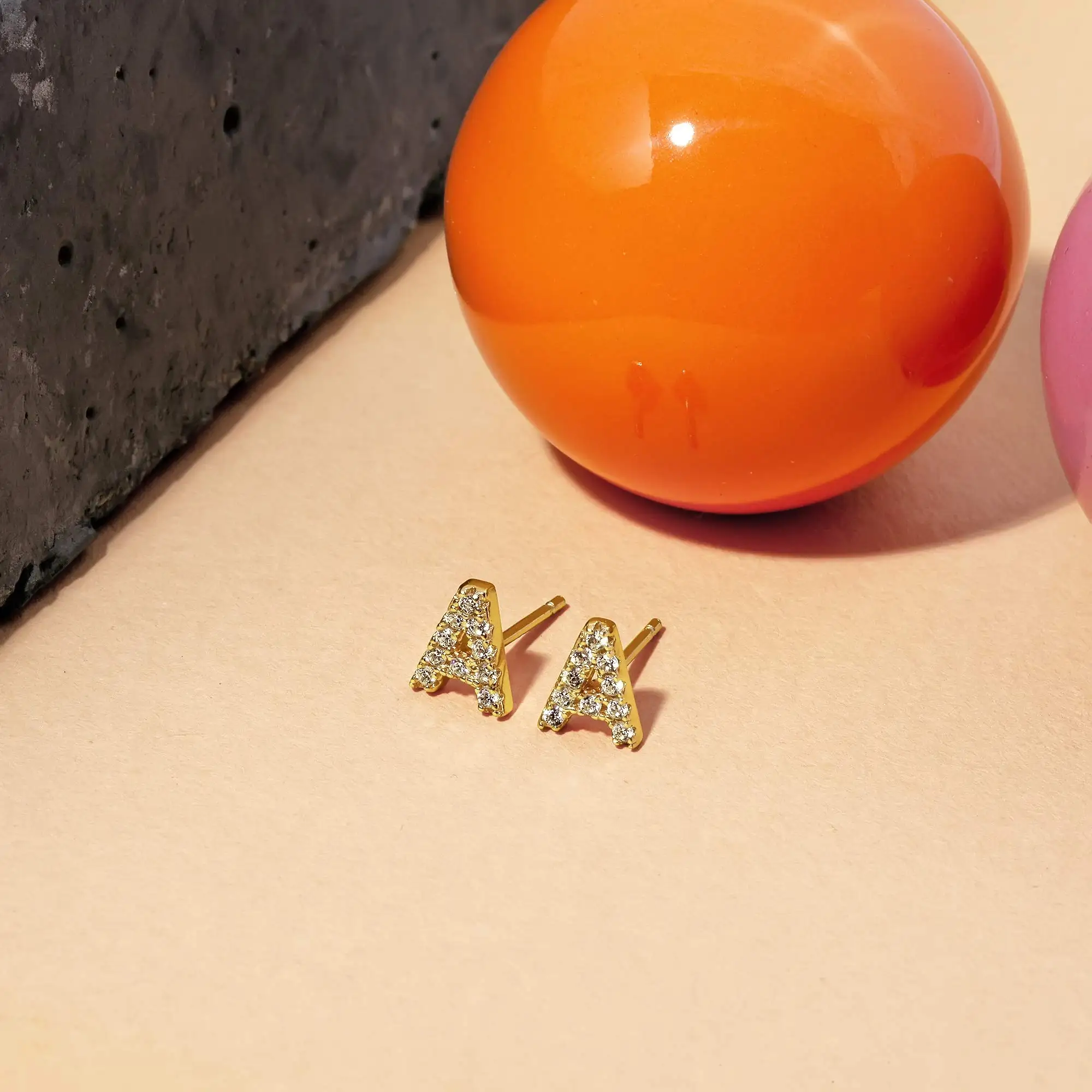 Firstmadam 18k Solid Gold Diamond Stud Earrings Fashion Alphabet Letter