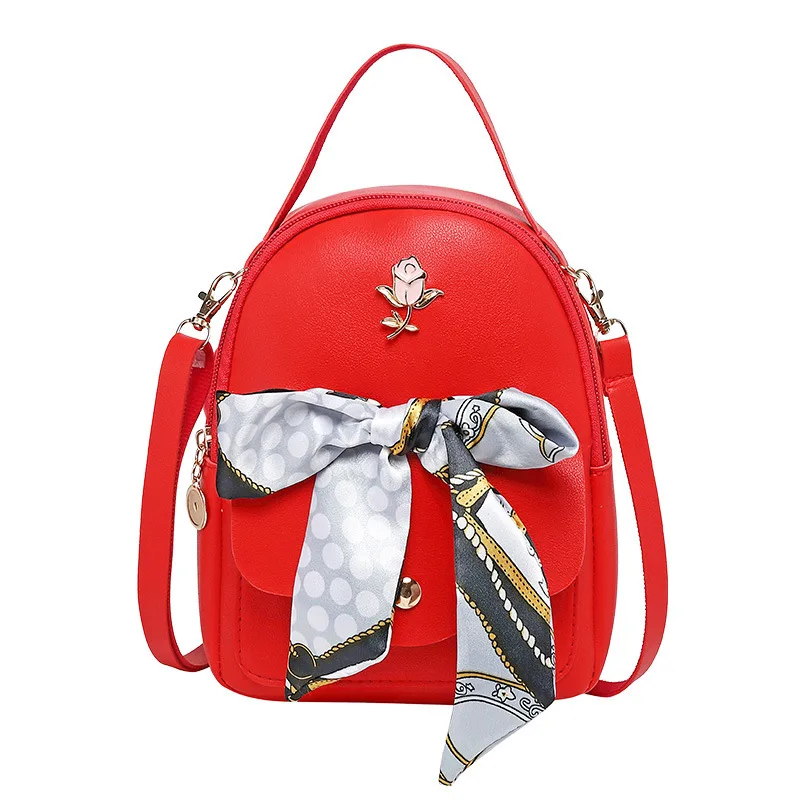 
Hot sale small leather backpack women girls with silk scarf and metal rose decoration mini bag ladies in summer 