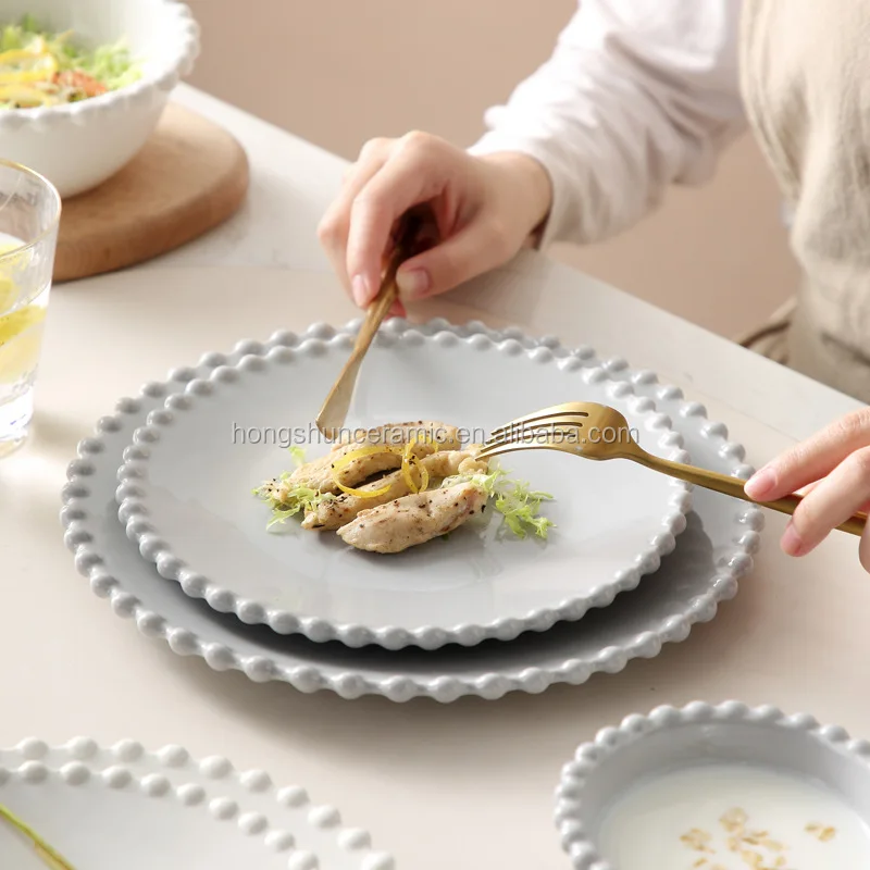 Nordic Creative Pearl Edge Plate Ceramic Dishes Household Western Food Plate Salad Plate