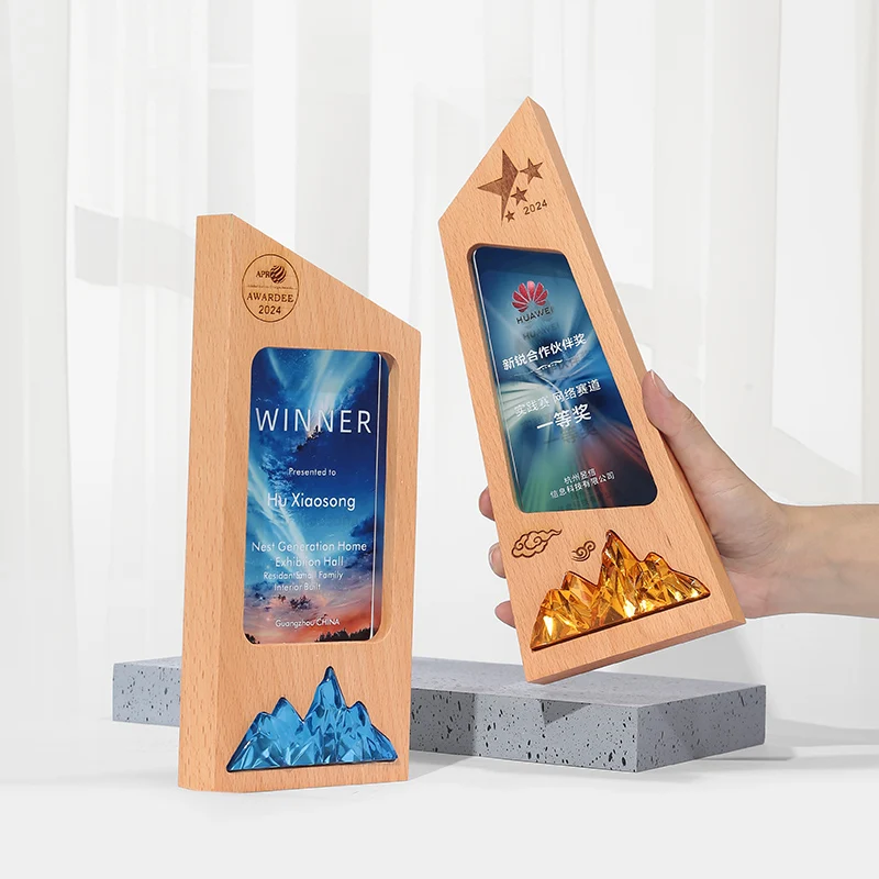 Customized Crystal Glass Plaque Wooden Base Polished UV Laser Printed Sports Themed Business Trophy New Customized Trophy details