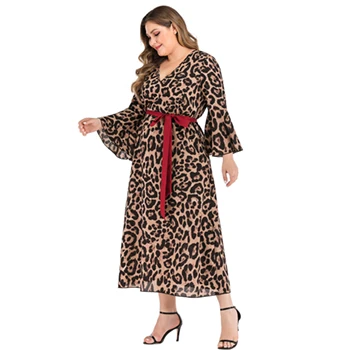 Spring Women Loose Long Sleeve V Neck Red Tie Lace Up Sexy Plus Size Leopard Maxi Dress