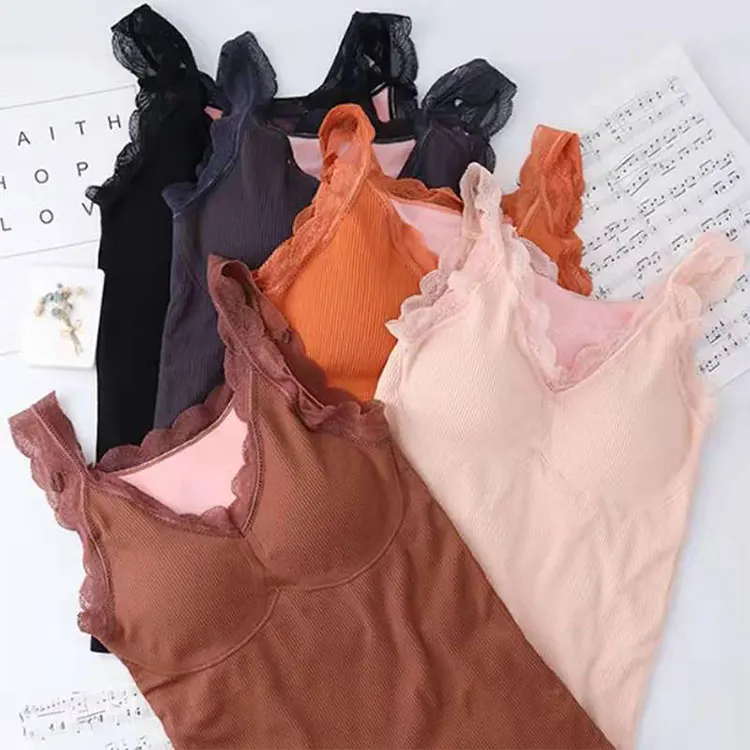
Sexy Lace Strap Camisole Warm Fluffy Tank Top With Built In Bra V Neck Cami Top Fitting Thicken Stretch Camisole 