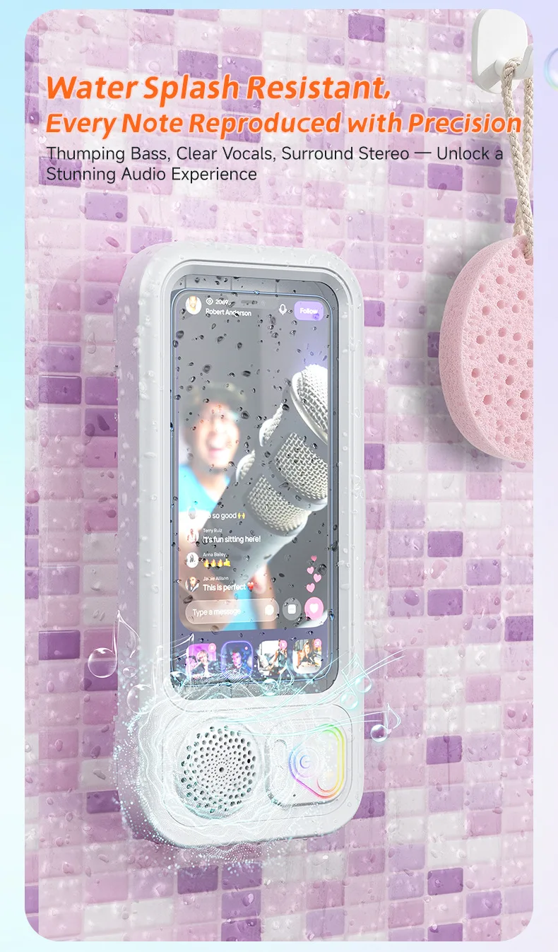 Phone Mount Waterproof Bathroom Phone Holder / Phone Case with Built-in BT Speaker, IPX5, 500-800mAh, Portable Speaker