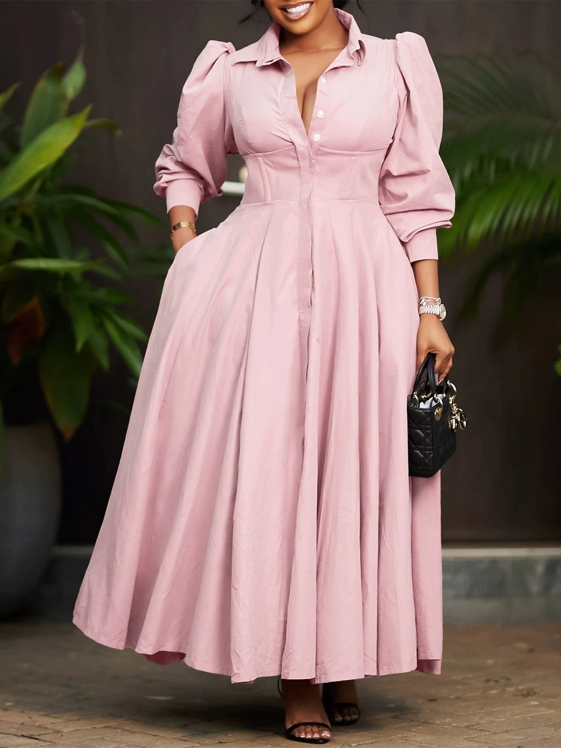 Fashion Solid Color A-line Maxi Shirt Dress for Women Long Sleeve Office  Dress One Size Casual Chiffon Natural for Ladies