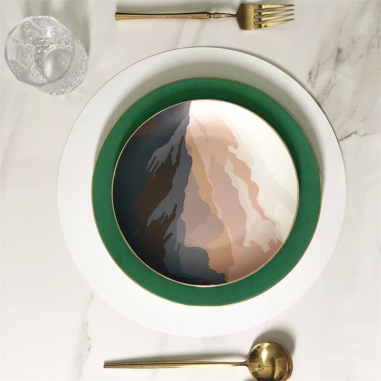 nordic minion round colorful wedding restaurant serving stoneware plate decoration ceramic dinner plates with gld rim .jpg