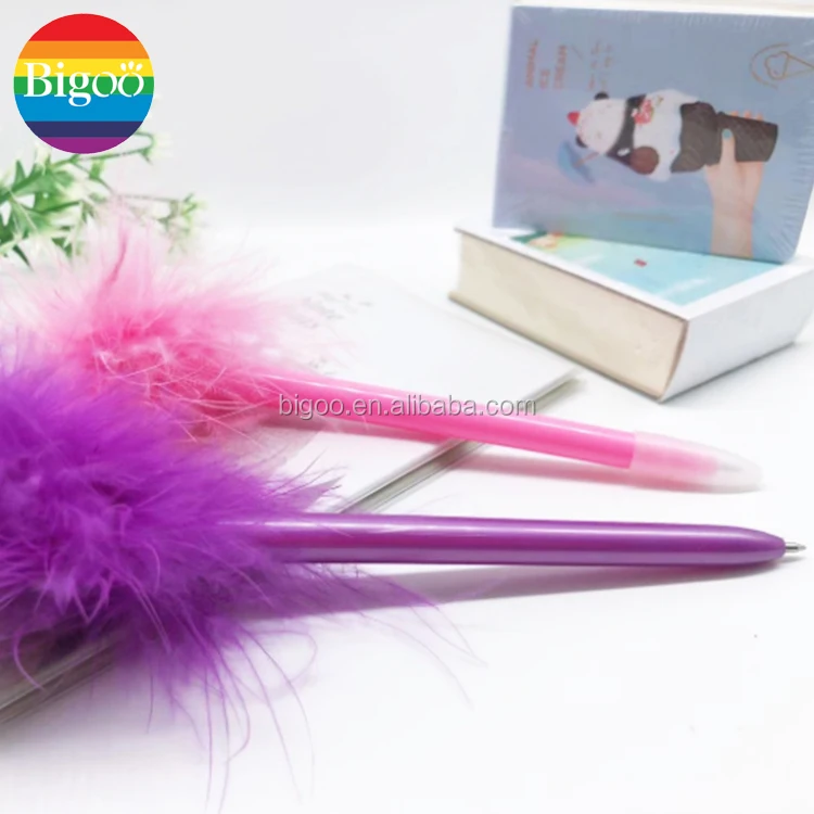 Colorful pompom ballpoint pen with feather color matched barrel color 0.7mm refill for promotional or gift