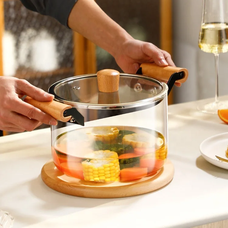 Borosilicate Glass Casserole Cooking Pot with Wooden handle Pyrex Glass Fireproof 5.5Liter