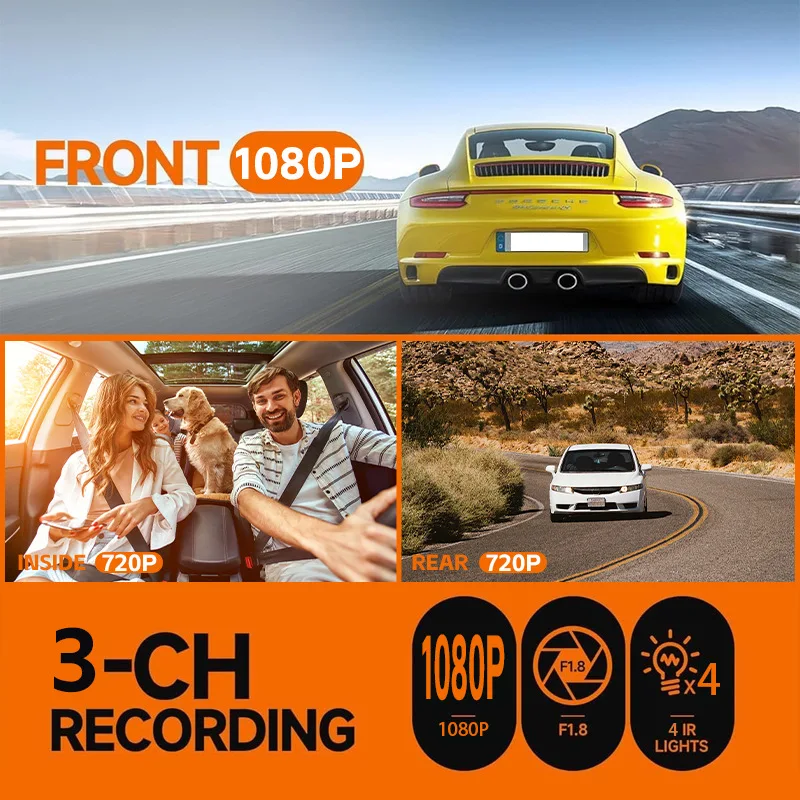 1080P WiFi Bağlantılı Araba DVR Üç Kayıtlı Kızılötesi Gece Görüşü Park İzleme Geri Vites Görüntüsü MicroSD Uyumluluğu