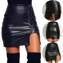 High waist PU leather skirts Elegant strap mini skirt streetwear Skinny black Skirts