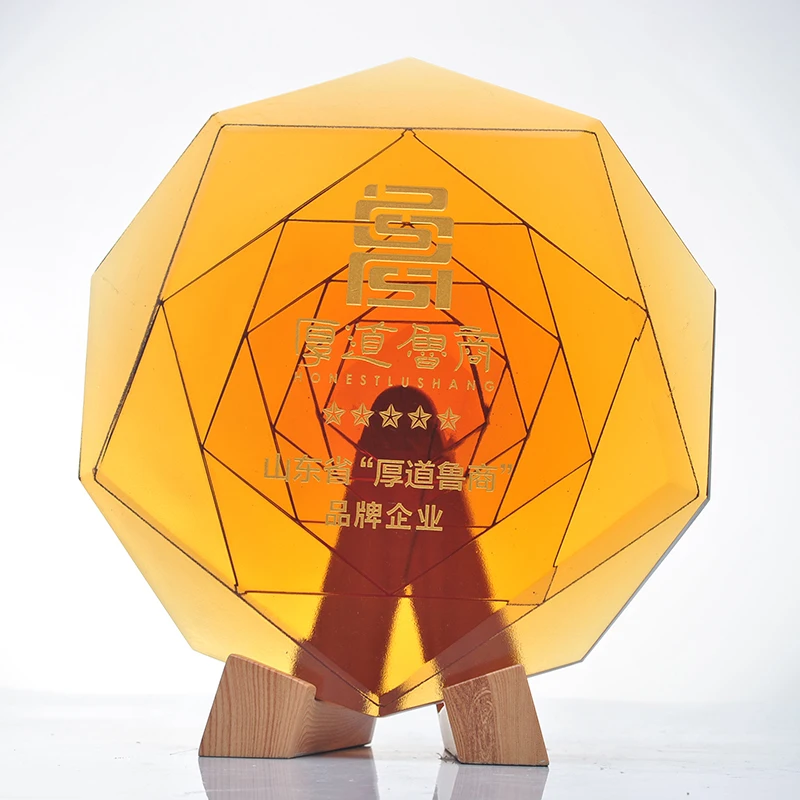 High-Grade New LiuLi Crystal Award Plate Wood base Color Glaze Commemorative Souvenir Outstanding Employee Feng Shui Anniversary details