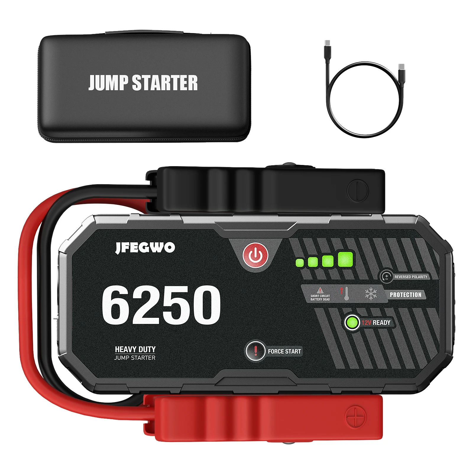 12V LiPo jump starter in use connecting to car battery terminals