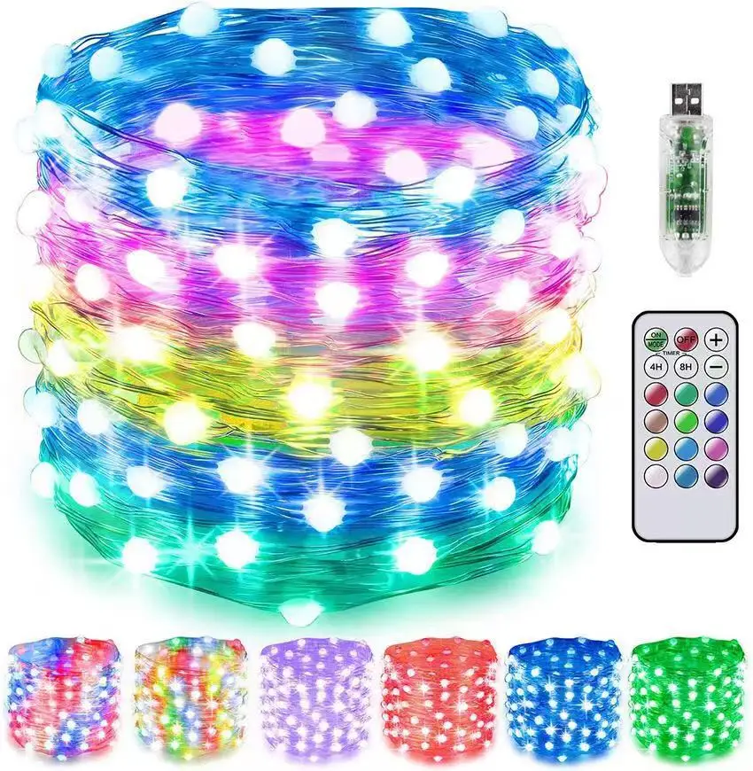 12 Colors RGB Remote Control Wedding USB Led Copper Wire String Light 100leds 200 leds Christmas Tree Light