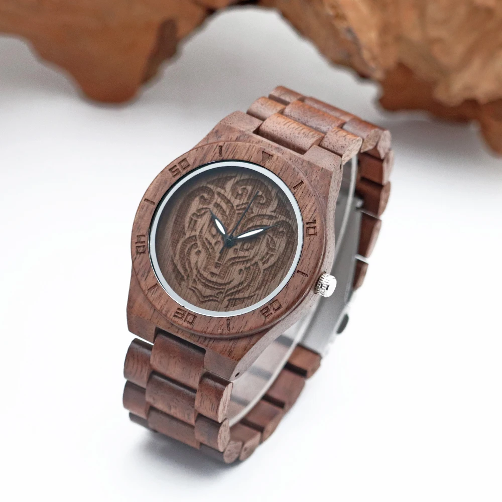 黑色木手表雕刻标志男式手表
