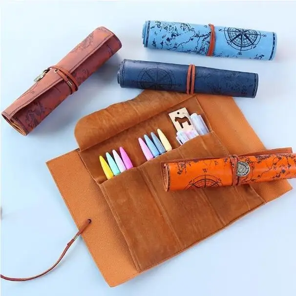 Hot Vintage PU Leather Cosmetic Bag Luxury Treasure Map Pencil Cases Roll Pen Bag Pouch