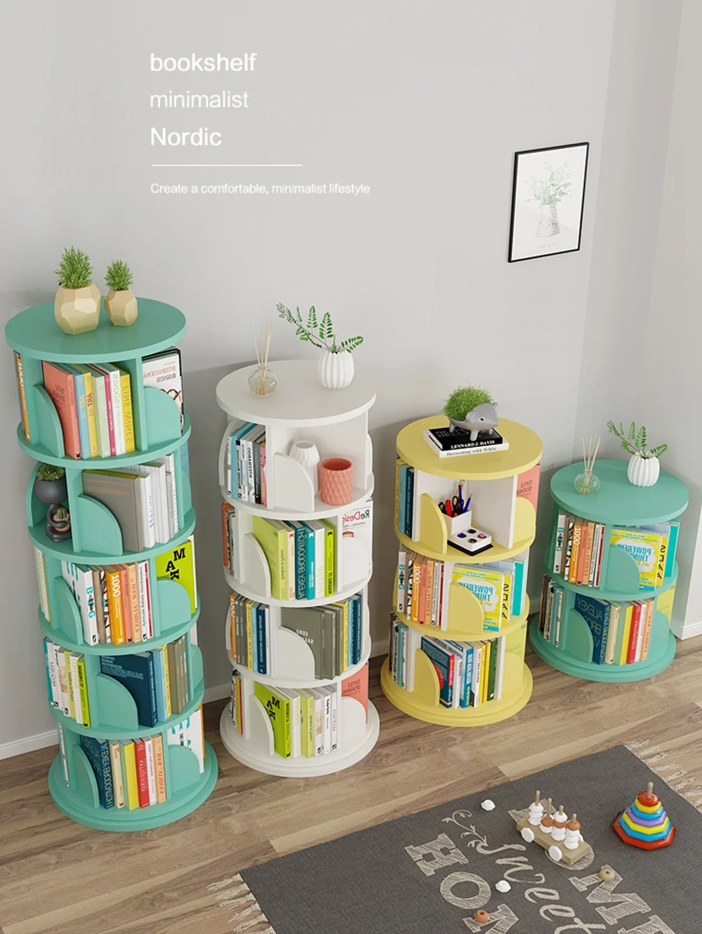 Modern 4 Tier Rotating Bookshelf 360 Degrees Stackable Shelves