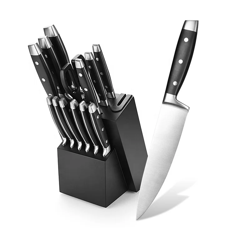14 Piece Classic Complete Cutlery Set Stainless Steel Kitchen Knife Set With Black Block Set