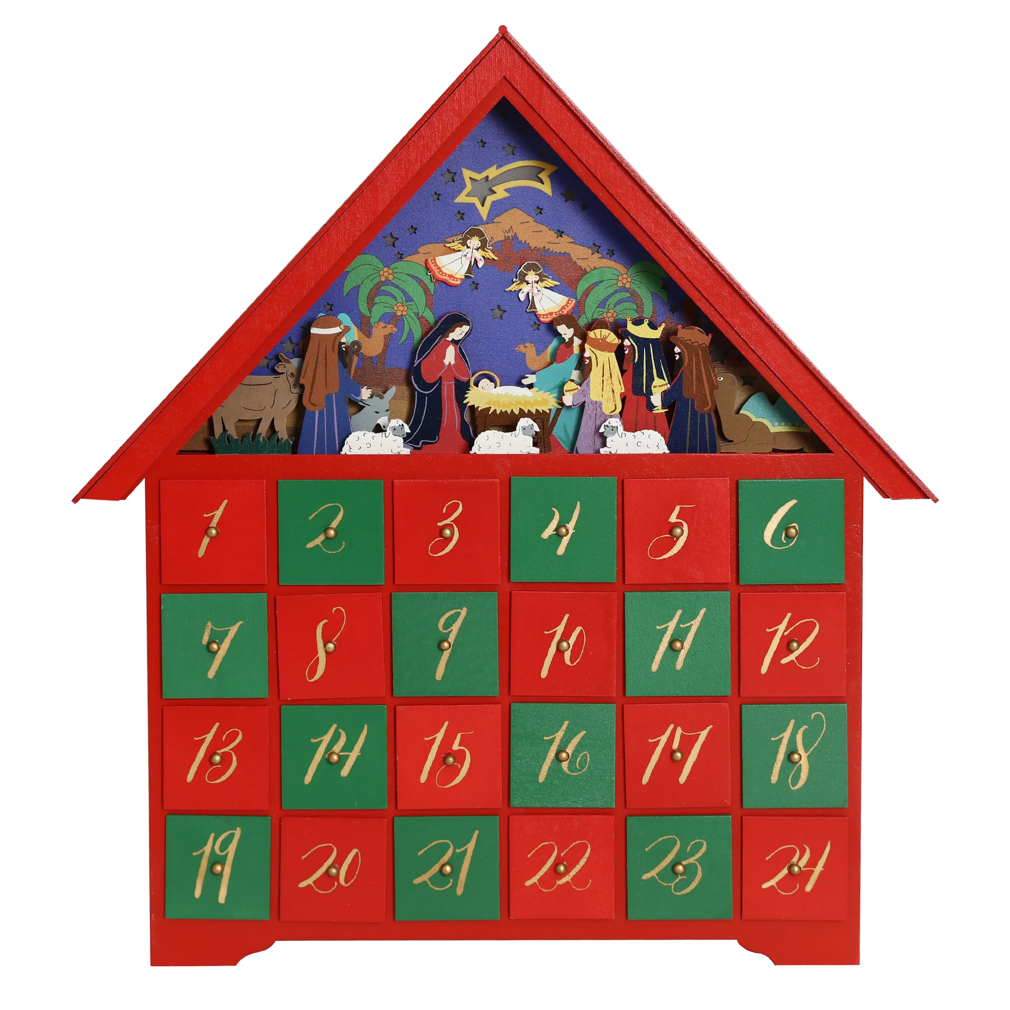 Christmas Wooden Advent Calendar Large House Nativity Scene With 24 ...