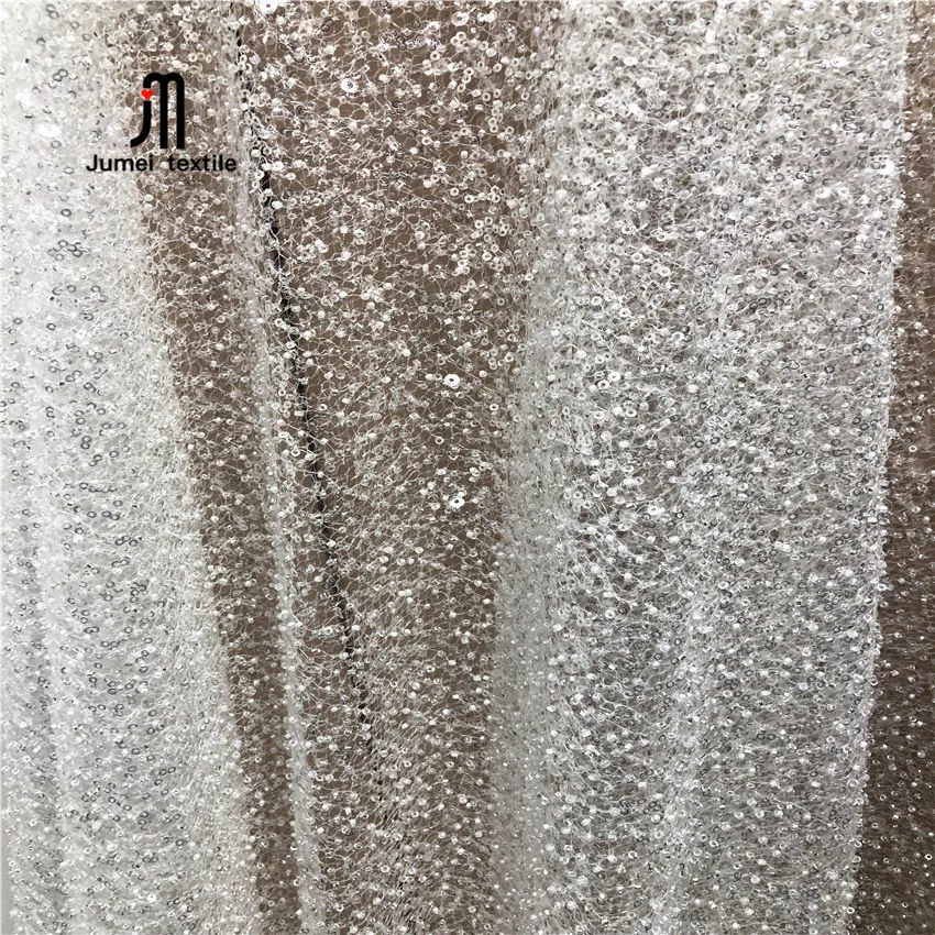 Wedding Bead Embroidery Dress Fabric Crystal Sequined Beaded Fabric White Wedding Dress Fabric