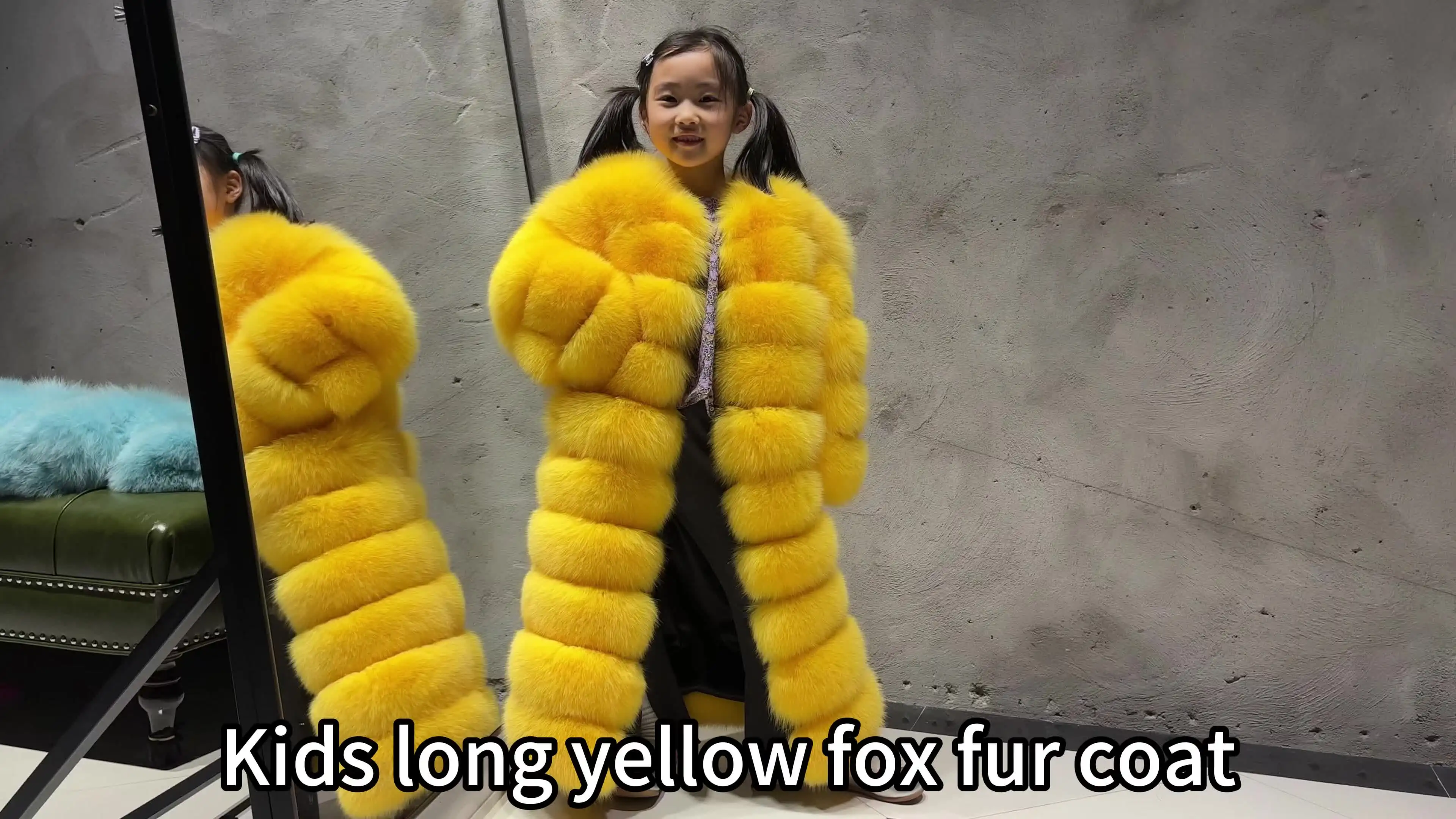 2024 Winter Warm Fluffy Yellow Long Fox Fur Coat for Kids
