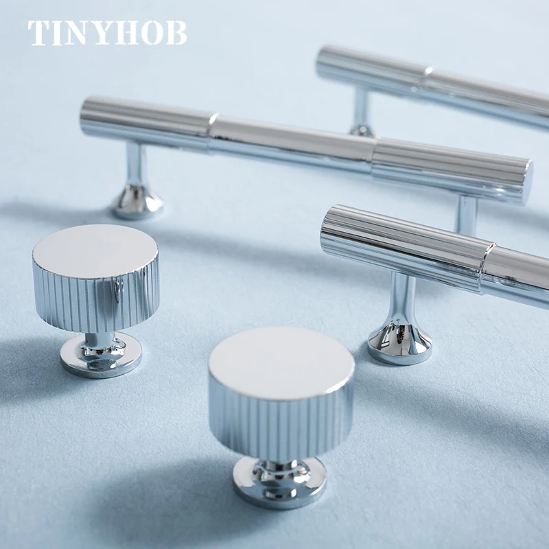 Bright Chrome Vertical Lines Solid Brass Drawer Knobs