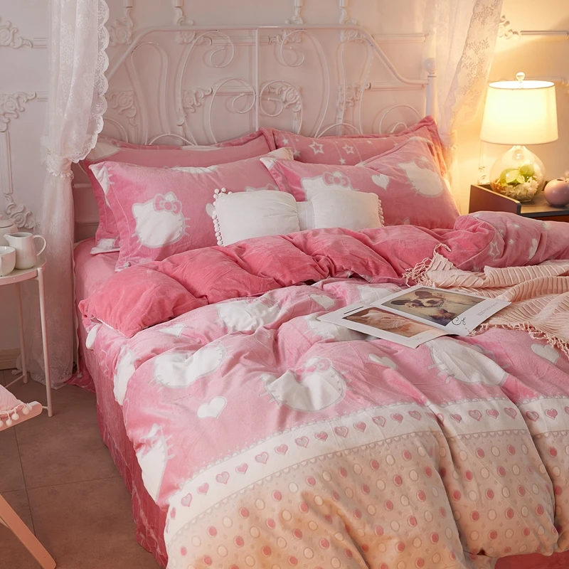 5D carved crystal velvet 4 piece polyester Korean winter cartoon bedding set warm 3d bed sheet set warm printed duvet cover ori-width=