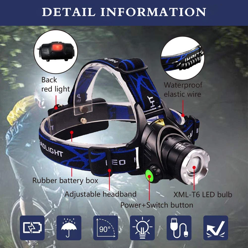 High power T6 Rechargeable Waterproof LED Red Safety Light Headlamp Flashlight Night Head Lights Camping Motion Sensor Headlamp details