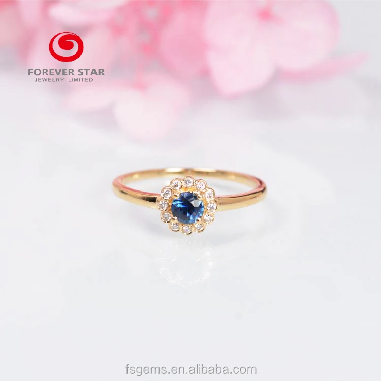 Beautiful Flower Style 925 Sterling Silver 18K Gold Plated Round Synthetic Sapphire and White Cubic Zirconia Finger Ring