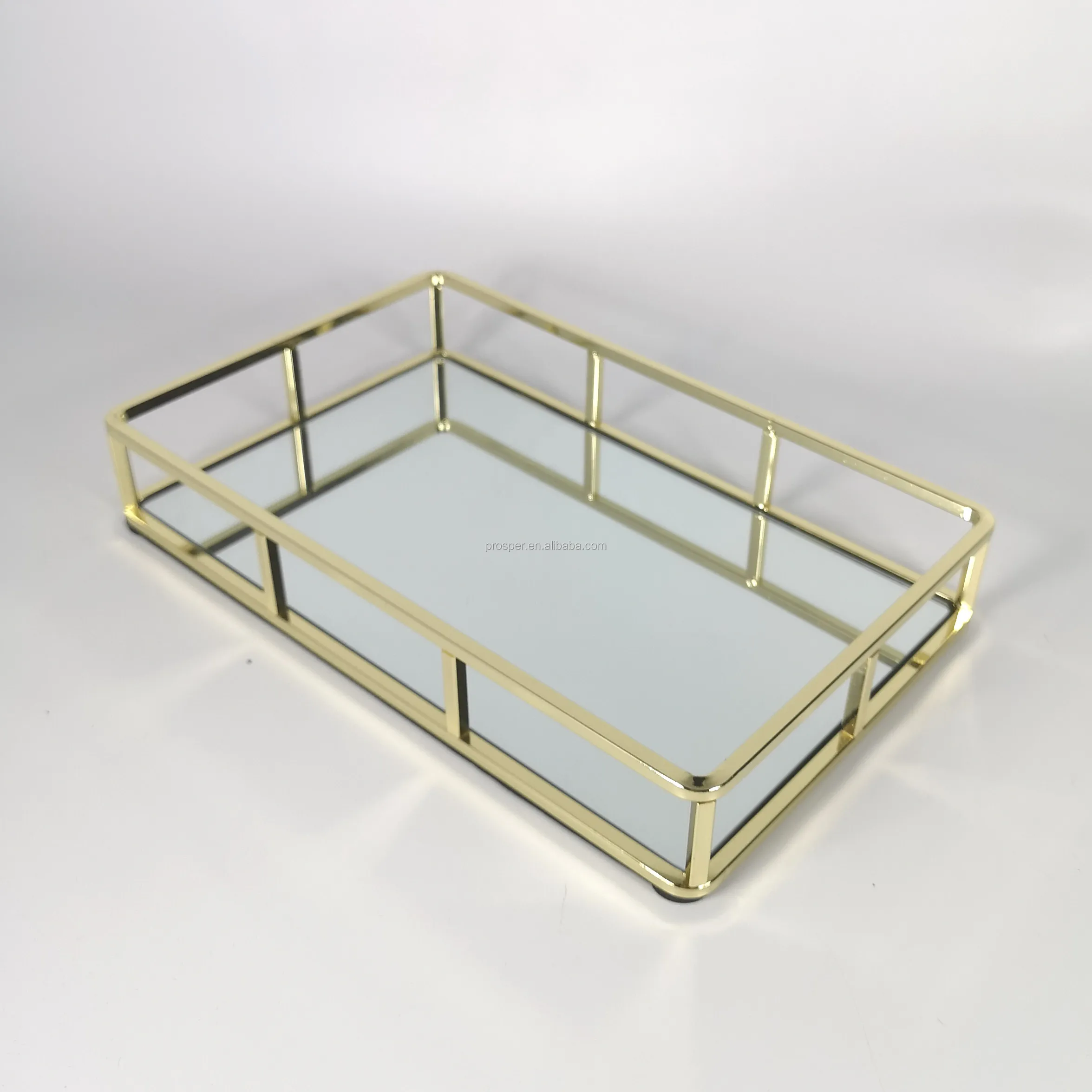 Modern Style Vanity Mirror Trays Gold Metal Tray With Mirror For