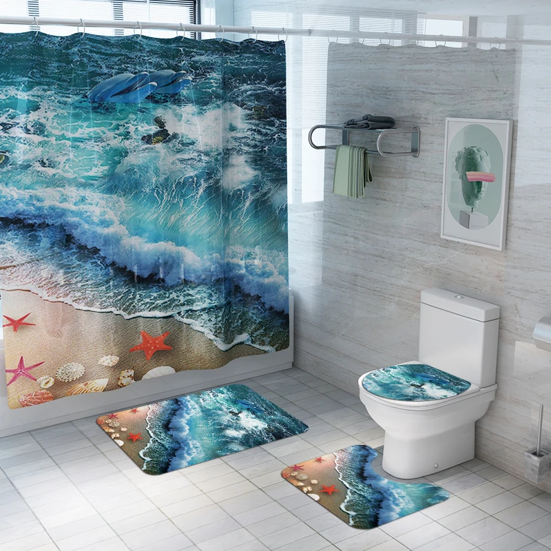 Ocean printed Toilet Pad Cover Bath Mat Shower Curtain Set for Bathroom Decoration Home Textile