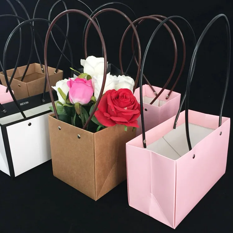 Fashional Kraft Paper Bags For Flower With Pvc Handle Waterproof 