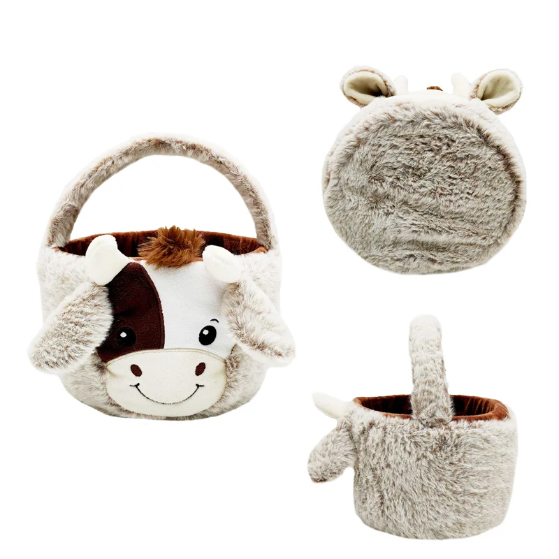 Fluffy Cow Basket Plush Toys Stuffed Animal Cow Easter Basket Toys ...