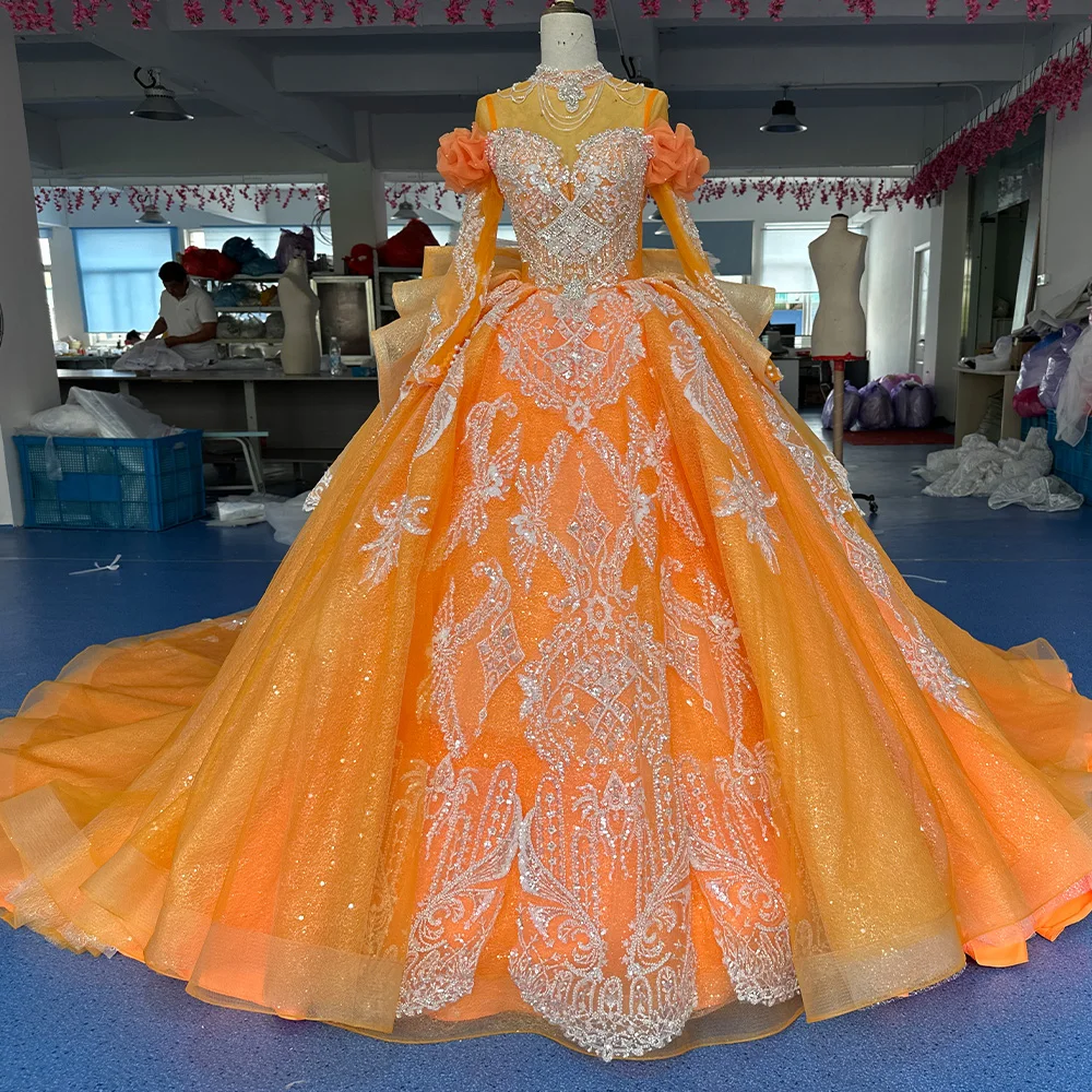 orange and gold wedding dresses Jancember XS096 Chic Orange Long Sleeve Sequins Ball Gown