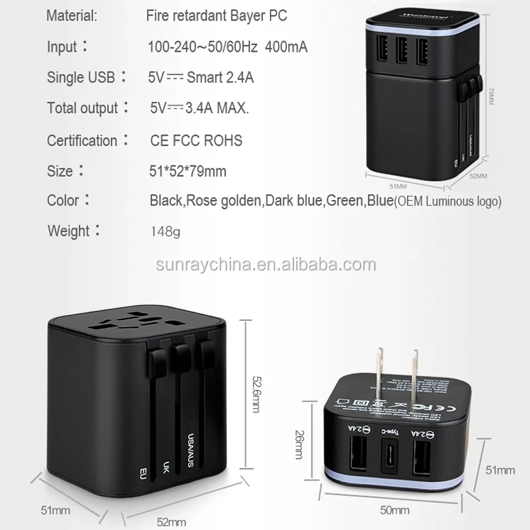 led light logo world travel adapter with 2 usb charger corporate gift