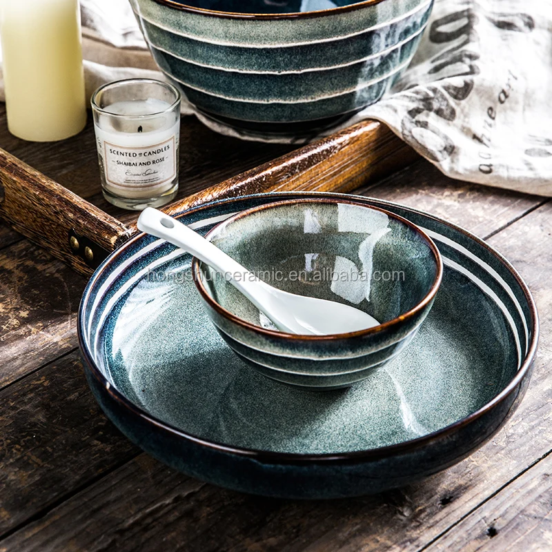 Japanese Glazed Stoneware Plates, Soy Sauce Bowls And Sushi Pan Ceramic Dinnerware Set