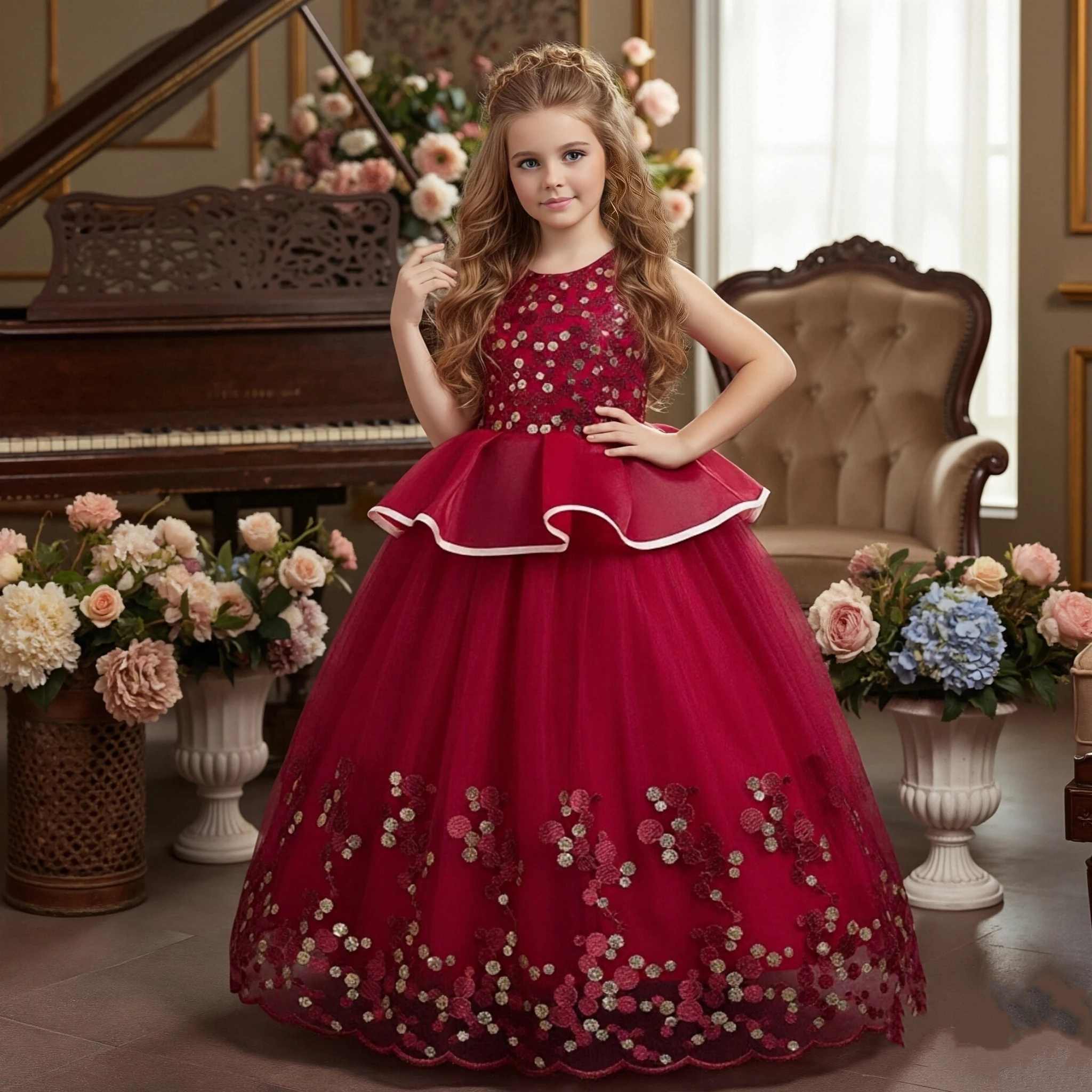 red dresses for 10 year olds European Style Fluffy Summer Dresses for Girls of 10 Year Old Golden  Beading Girl Party Dresses Rose Flower Girl Wedding Gown| Alibaba.com