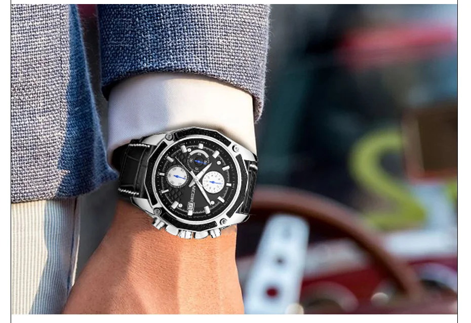 Luontir — montre à Quartz avec bracelet en cuir pour homme, accessoire de mode masculin, style militaire avec chronographe analogique, calendrier, 2015