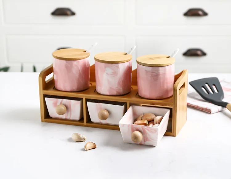Nordic Style Marble Seasoning Jar Double Set Of 6 Kitchen Seasoning Box