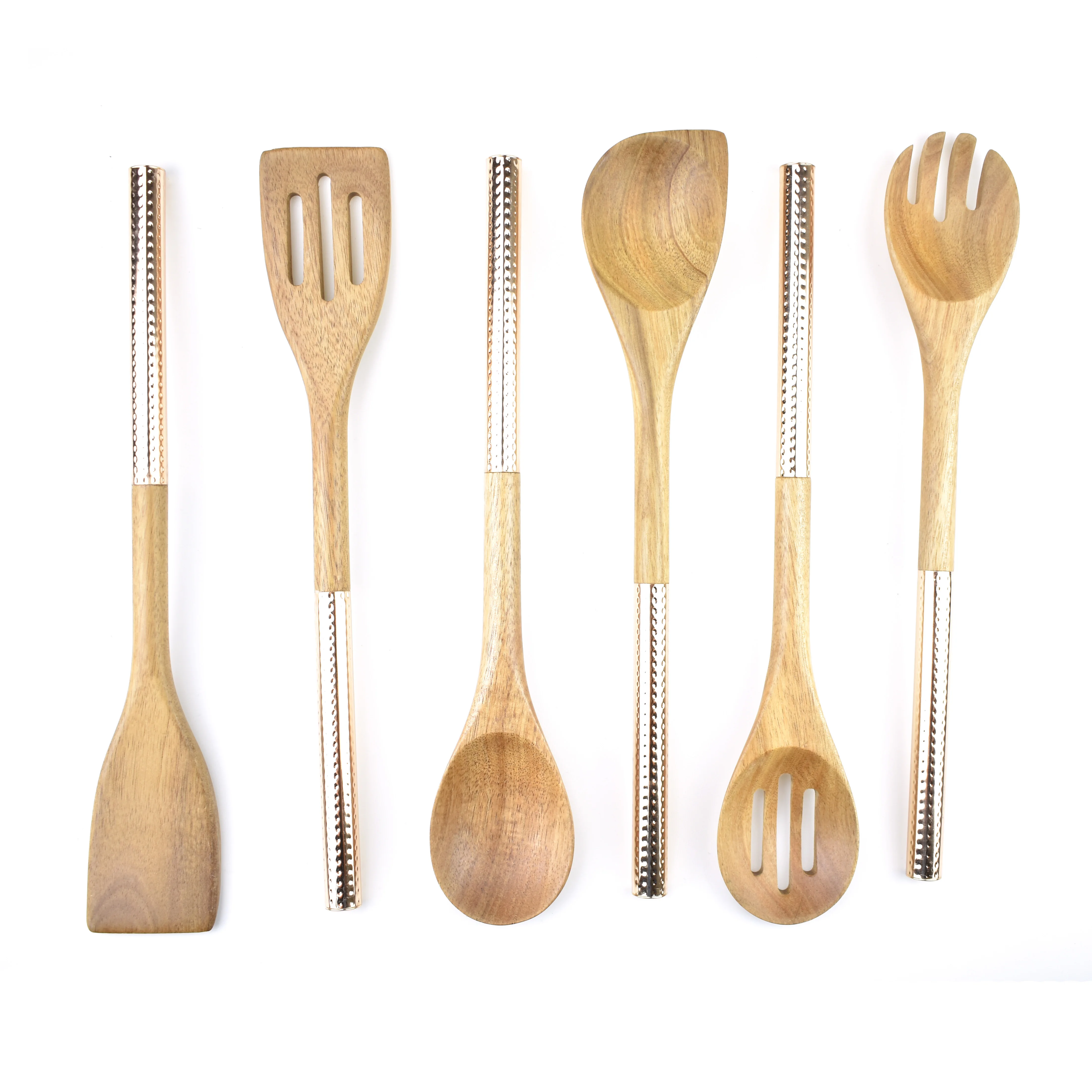 6 Piece Wooden Kitchen Utensils Set With Gold Plated Stainless Steel