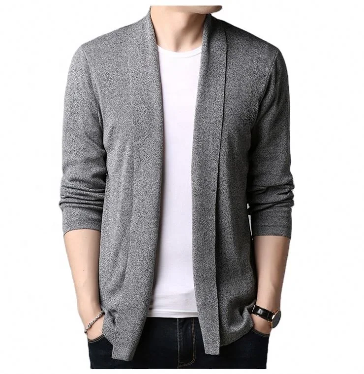 Custom Mens Front Open No Buttons Shawl Collar Woolen Cardigan Sweater