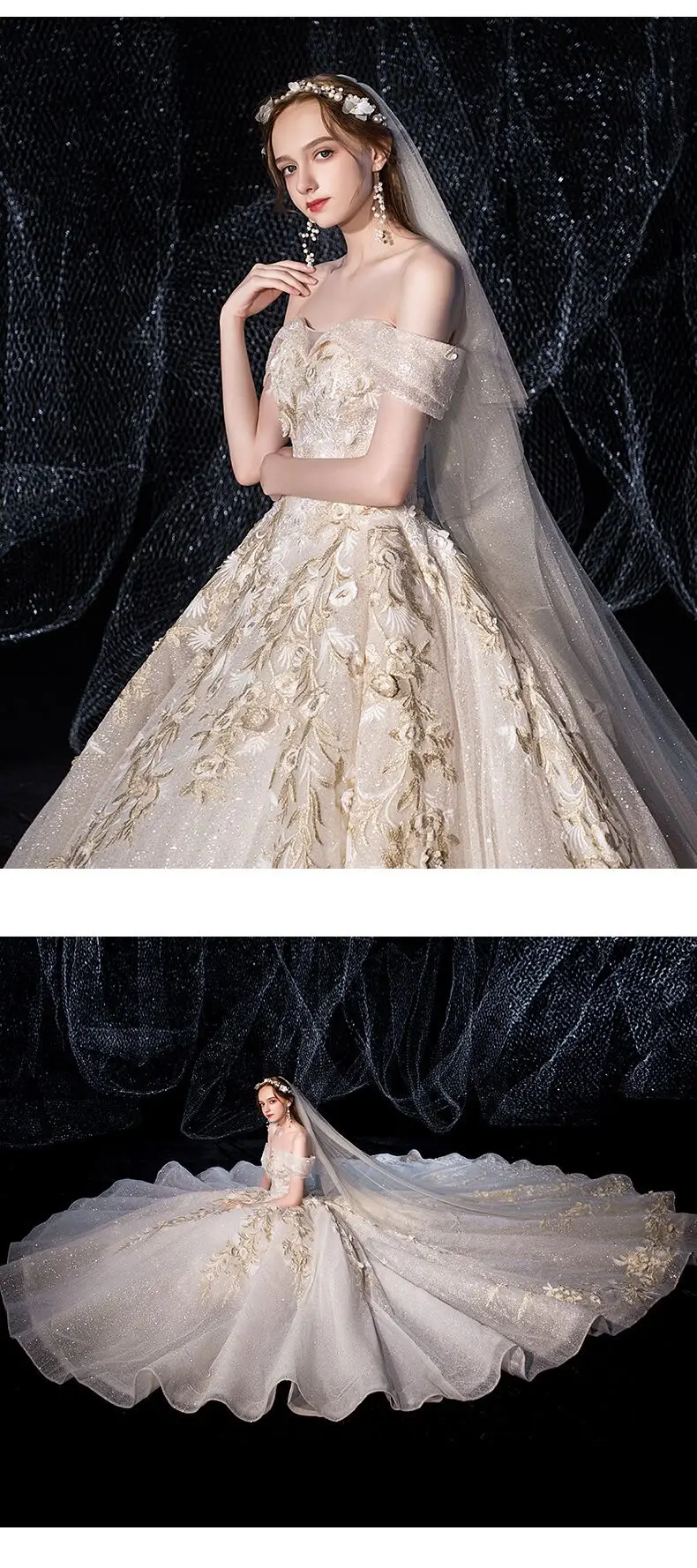 Elegant princess off-the-shoulder v-neck gown luxury bridal wedding dress