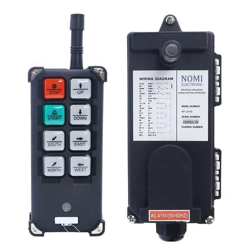 Industrial push-button wireless remote control with rugged housing and LED status indicators