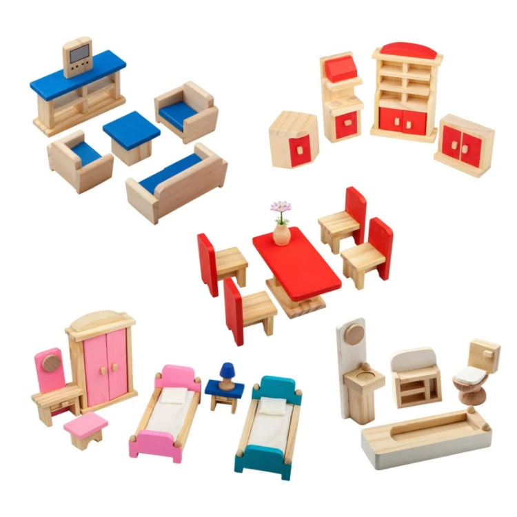 Doll Decoration Accessories Pretend Play Kids Toy 5 Set Colorful Dolls House Furniture Wooden