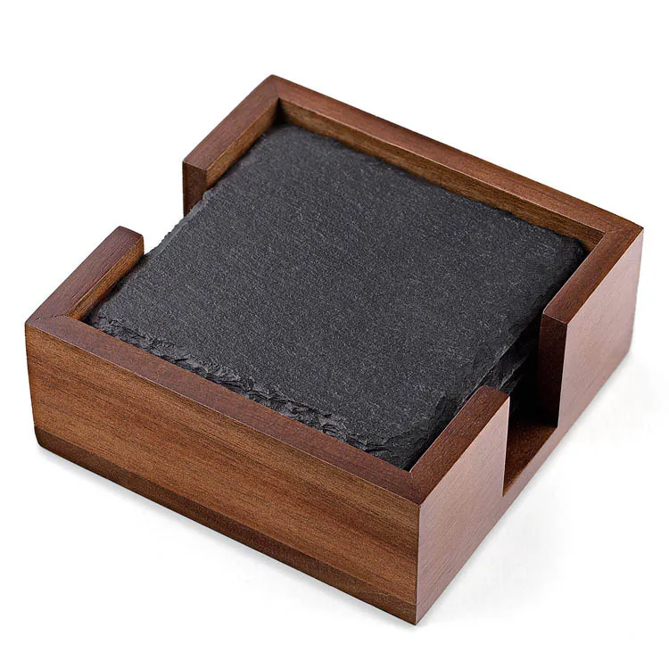 Black 4pcs Slate Square Coaster Set With Dark Color Wooden Holder Buy