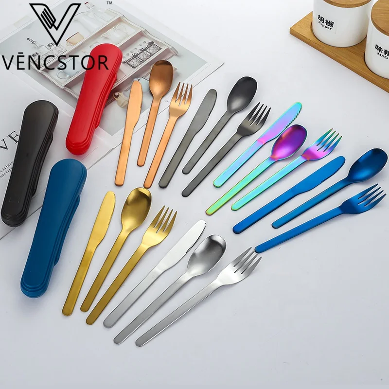 
Amazon Top Seller 2020 Portable Stainless Steel Cutlery Set With Case Reusable Outdoor Kids Flatware For Camping Travel School 