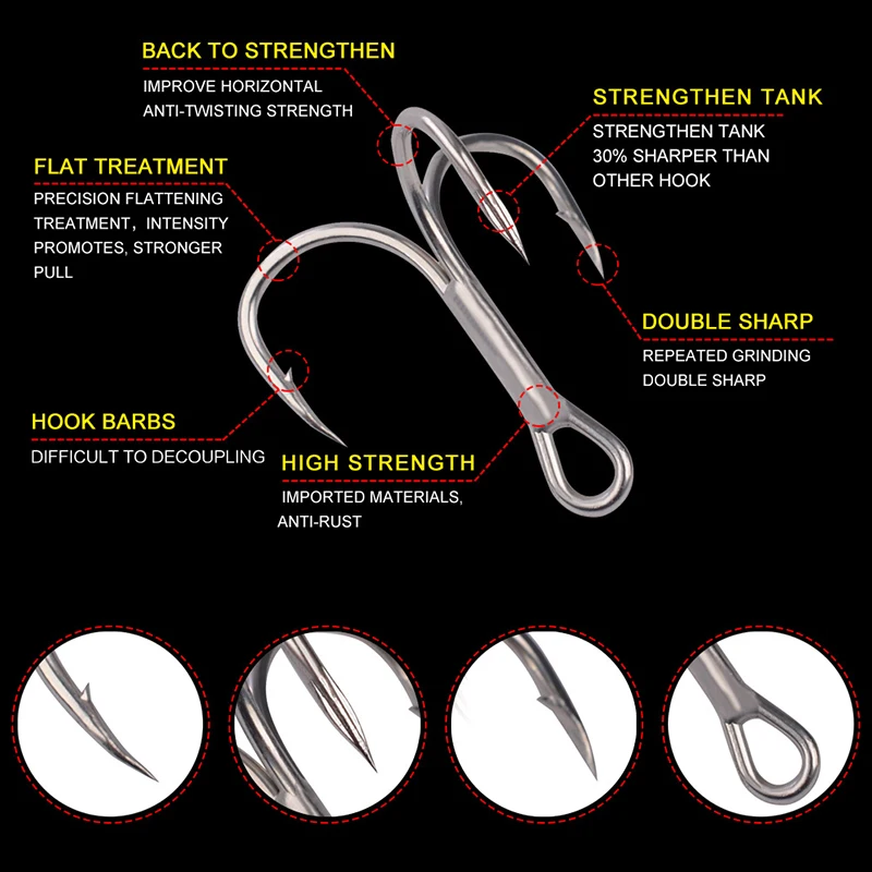 St41 3x Traditional Long Shank Round Bend Cutting Point 3x Treble Hook High Carbon Steel