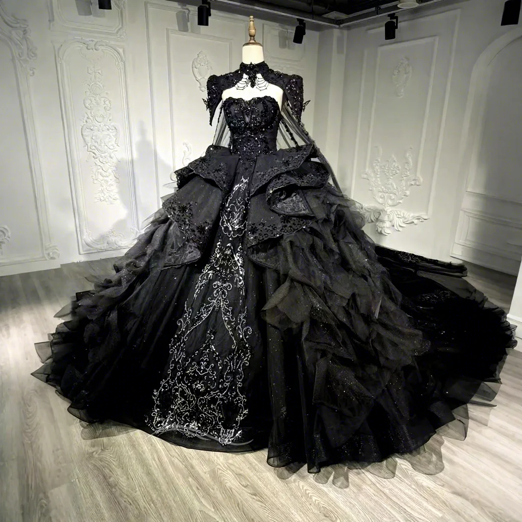 black gothic evening dress Glitter Off The Shoulder Ball Gown Black Gothic Sweet 16 Dress