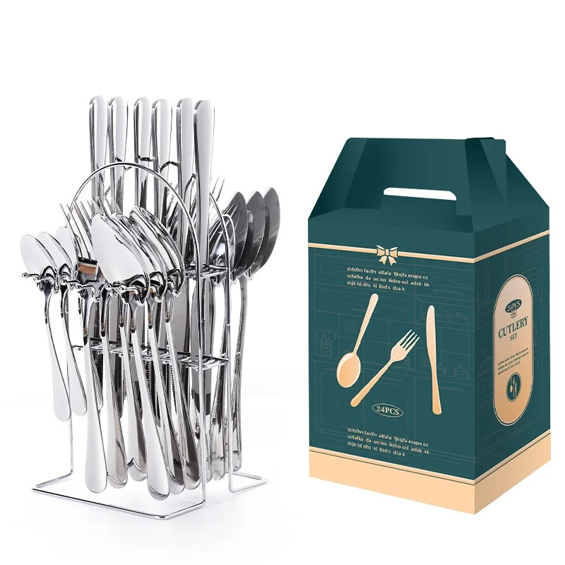 24pcs Heavy Duty Durable Stainless Steel Modern Golden Mirror Polished Steak Knife Fork Spoon Cutlery Set Stand Dishwasher Safe